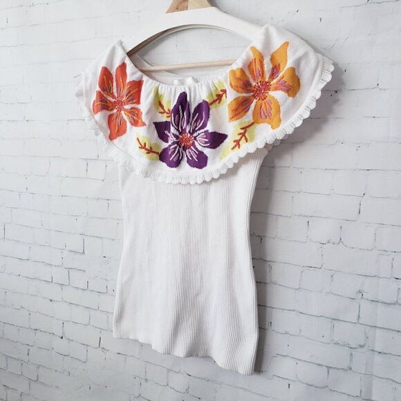 Soft Surroundings Ribbed Embroidered Top Size XS Off The Shoulder Boho Floral - Picture 2 of 7